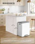 SONGMICS Trash Can, 2 x 8 Gallon (2 x 30 L) Double Garabge Can for Recycling and Waste, Stainless Steel, Soft-Close Lid, Inner Buckets, Wide Sturdy Pedal, Cloud White ULTB556W01