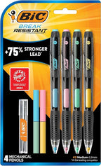 BIC Break Resistant Mechanical Pencils with Erasers, No. 2 Medium Point (0.7mm), 4-Count Pack Pencils for School or Office Supplies, Lead and Eraser Refills