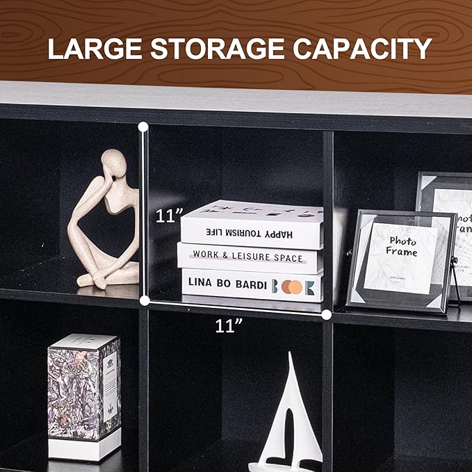 VAKATRELL 12 Cube Storage Organizer Bookshelf, Industrial Horizontal Bookcase, Accent Cubby Shelf, Corner Bookcase for Living Room, Home Office, 11.8" D x 47.6" W x 38.2" H, Black