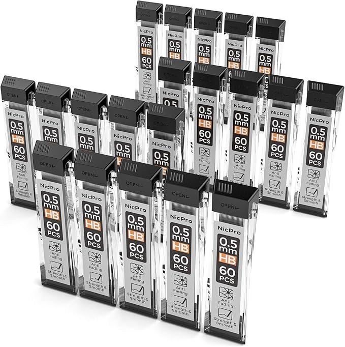 Nicpro 1200 PCS Lead Refills 0.5mm HB #2 Break Resistant Mechanical Pencil Refills 0.5 mm, 60 Pack Per Tube, 20 Tubes