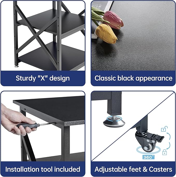 Fannova Printer Stand, 23.6 x 23.6 x 30.1 Inches Large Square Printer Table with Height Adjustable Storage Shelf, 3 Tier Rolling Printer Cart with Industrial Wheels for Home Office - Black
