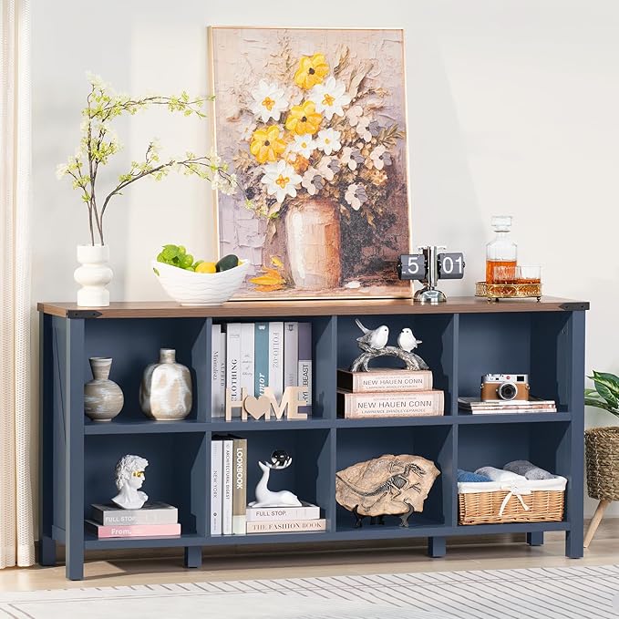 Joaxswe 8 Cube Book Shelf, Farmhouse Wood Long Storage Organizer Bookcase, 62" Horizontal Navy Blue Console Closet Bookshelf, Hallway TV Stand for Entryway, Display Cabinet Book Case for Living Room