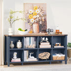 Joaxswe 8 Cube Book Shelf, Farmhouse Wood Long Storage Organizer Bookcase, 62" Horizontal Navy Blue Console Closet Bookshelf, Hallway TV Stand for Entryway, Display Cabinet Book Case for Living Room