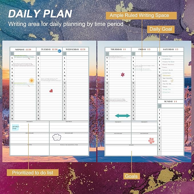 CAGIE 2026 planner weekly and monthly: 12 Months Jan 2026 - Dec 2026 Hardcover Yearly Daily Planner 2026 monthly planner 8.5 x 11, Large Spiral Bound Calendar Planner for Women Weekly Agenda with Tabs Stickers, Purple Marble