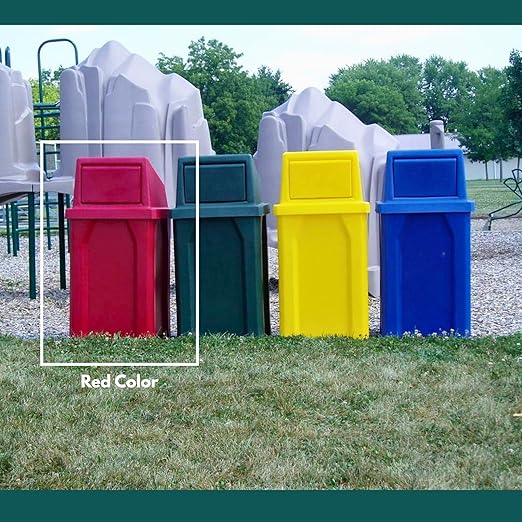 Sturdy Essentials Campus Collection 32 Gallon Square 100% Recycled Plastic Heavy Duty Indoor or Outdoor Commercial Trash Can with Push Lid | Great for Schools and Businesses - Red