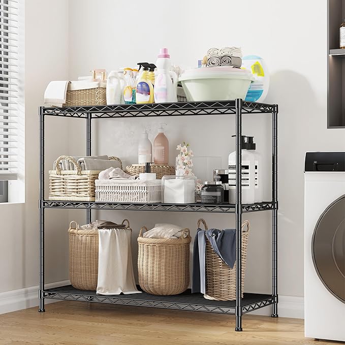 3- Shelf Metal Shelving Unit 35.6Wx14Dx36H,Adjustable Storage Shelves Heavy Duty Garage Steel Shelving for Office,Wire Rack Small Shelf for Kitchen Shelves Laundry Bathroom Pantry Closet Black