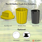 Sturdy Essentials Campus Collection 42 Gallon Slatted Round Heavy-Duty Commercial Outdoor and Indoor Trash Can with Push Open Dome Lid and Internal Liner | Great for Schools and Businesses - Yellow