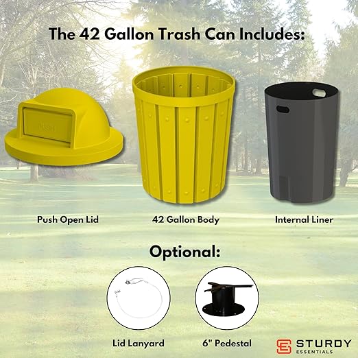 Sturdy Essentials Campus Collection 42 Gallon Slatted Round Heavy-Duty Commercial Outdoor and Indoor Trash Can with Push Open Dome Lid and Internal Liner | Great for Schools and Businesses - Yellow