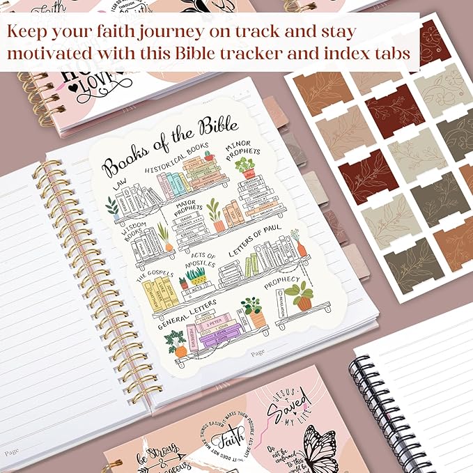 XKDOUS Hardcover Spiral Notebook with Tabs and Bible Tracker, College Ruled Notebook Journal, Church Notes Journal for Women, Bible Journal, Blank Notebooks for Work School Note taking, Pink