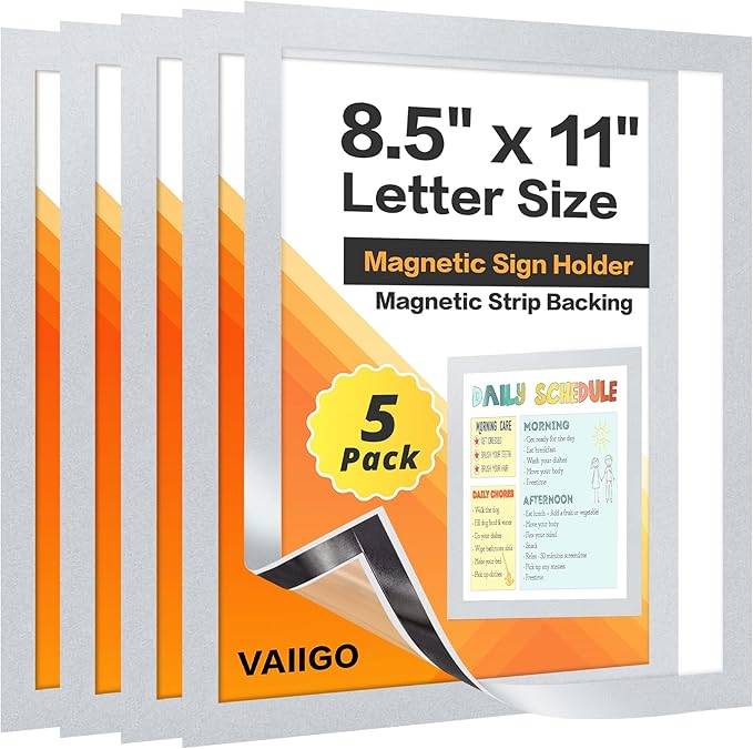 VAIIGO 5Packs Magnetic Frames for Refrigerator - 8.5x11 Magnetic Sign Holder with Metal Surface - File/Paper/Document Holder & Photos/Picture/Poster Frame for Home/Office (Silver)