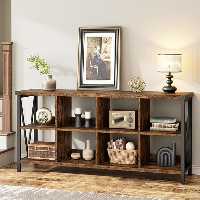 GarveeHome 8 Cube Storage Organizer Bookshelf, 3 Tier Metal Horizontal Bookcase, 62 in Console Bookshelf, Industrial Storage Bookcase for Entryway, Long Low Bookshelves for Living Room-Retro Brown