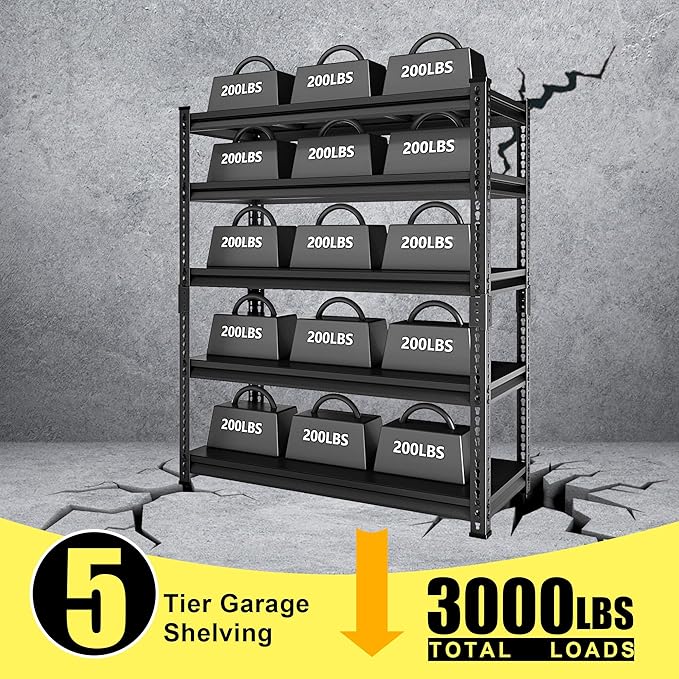 SDXYSTCE 48" W Garage Storage Shelves Heavy Duty, 3000LBS Loads Adjustable Garage Shelving, 5-Tier Metal Shelving Units and Storage Racks, Industrial Utility Shelf,48" Wx24 Dx78 H, Black