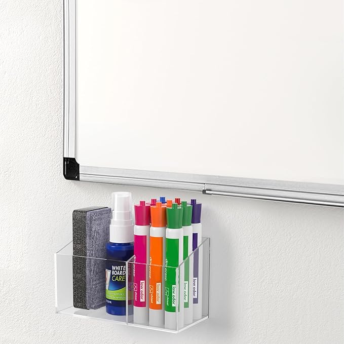 HBlife 2 Pack Magnetic Dry Erase Marker Holder for Whiteboard with 2 Compartments, Acrylic Wall Mount Magnet Pen Holder for Refrigerator, Locker Organizer Accessories for Classroom Office, Clear