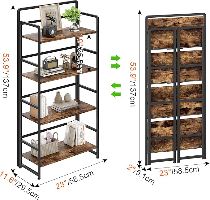 THKKY No Assembly Folding Bookshelf, 4 Tiers Collapsible Book Shelf for Home Office, Vintage Wood Foldable Bookcase Storage Organizer for Living Room Bedroom (Rustic Brown)