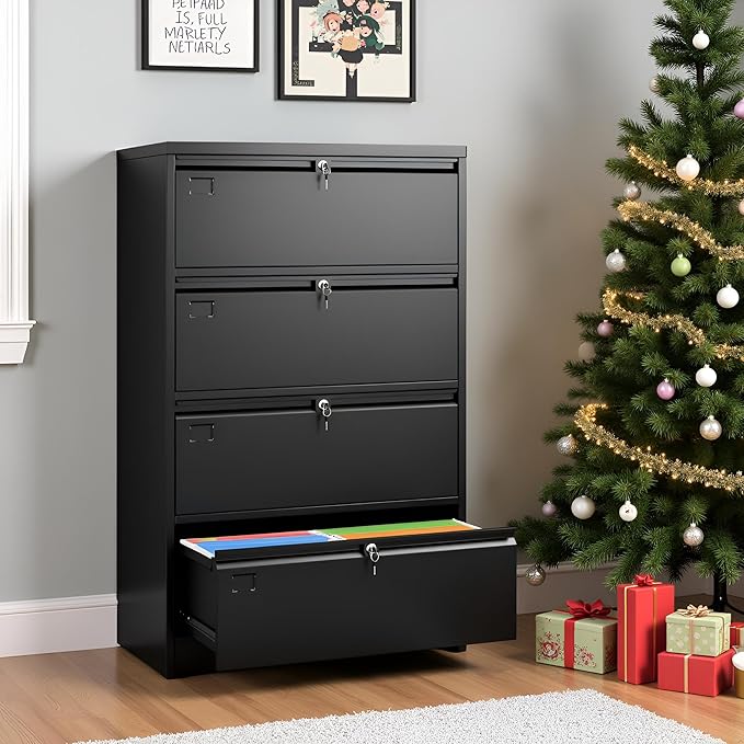 SUXXAN 4 Drawer File Cabinet, Lateral Filing Cabinet with 4 Locks for Home Office, Black File Cabinets with Business Card Holder for Letter/Legal/F4/A4 Hanging Files