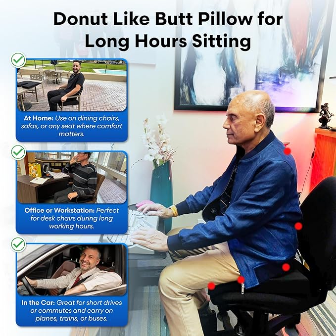 ERGO21 LiquiCell Coccyx Seat Cushion, Aid for Tailbone Pain Relief, Sciatica Pain, Back Support | Donut Like Butt Pillow for Long Hours Sitting at Home/Office Chair (20" W x 18" L x 2.5" H)