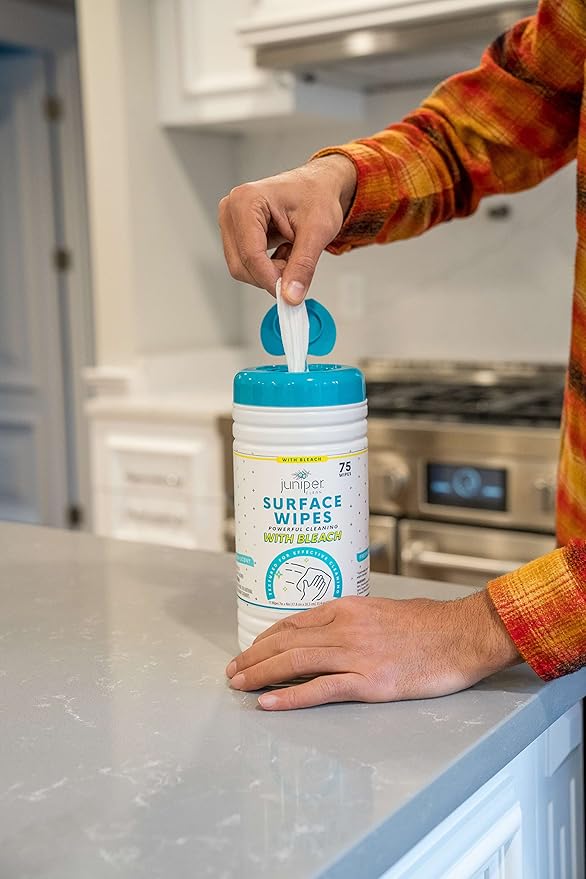 Juniper CLEAN 1 Pack Surface Cleaning Wipes with Bleach, All-Purpose Cleaner for Bathroom, Kitchen, Office, 75 Count Canister, 7.5" x 7" Sheet, Fresh Scent, Lint Free & Durable