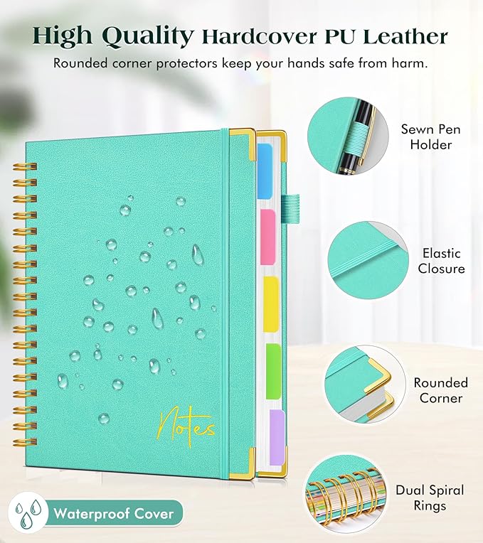 Spiral Notebook Journal with Removable Dividers Tabs, 300 Pages Hardcover Leather 5 Subject College Ruled Notebook, 6.1"x8.2" Large A5 Lined Journal for Women Men Spiral Notebook for Work School,Teal