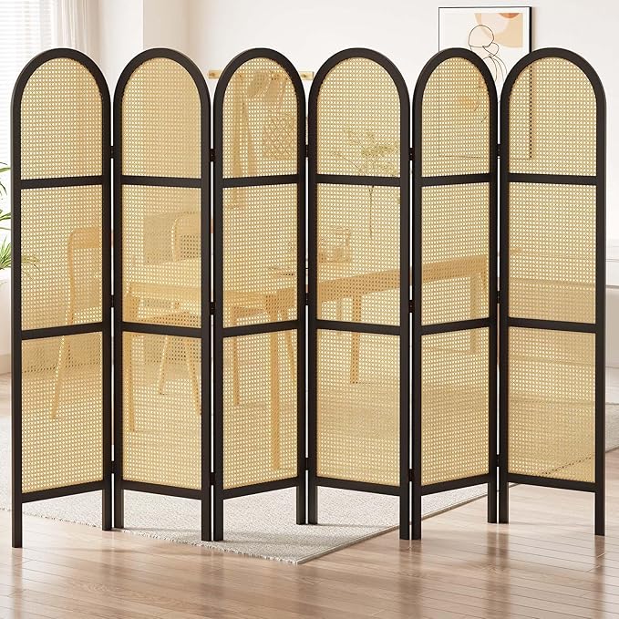 Svimi Room Dividers and Folding Privacy Screens, 5.6 Ft Double Hinged Rattan Partition Freestanding Wall Room Divider for Home - 6 Panels (Black)