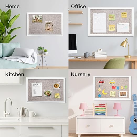 VUSIGN Linen Bulletin Board, 30'' x 20'' Large White Cork Board Decorations, Wall Mounted White Framed Cork Boards, Fabric Pin Boards for Walls with 10 Pushpins for Home, School, Office