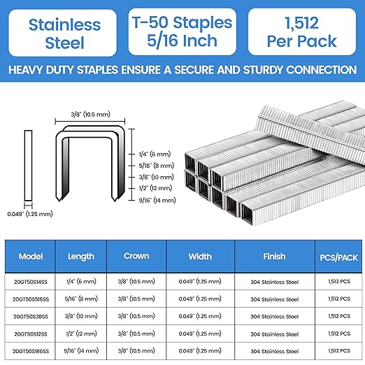 meite T-50 Stainless Steel Staples Marine, 5/16 Inch Heavy Duty Staples for Staple Gun - 1512 Counts, 20 Gauge 3/8 Inch Crown T-50 Upholstery Staple for Salt Water, Marine Applications