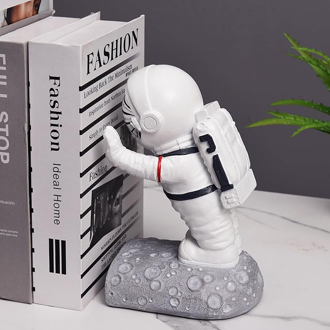 Kakizzy Book End Holder, Astronaut Bookends Outer Space Themed Astronaut Figurine Decorative Book Stoppers to Hold Books Heavy Duty Bookshelf Ends for Kids Rooms Space Decor Bookends (A-Silver Color)