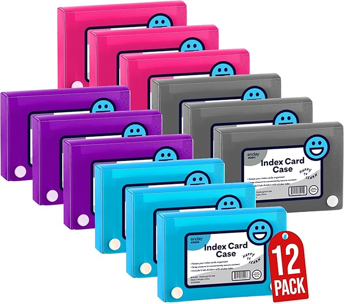 3" X 5" Index Card Case Holds 100 Cards Includes Business Card/Index Holder and 5 Tab Dividers Comes in Assorted Color – (Pack of 12) By (Emraw)