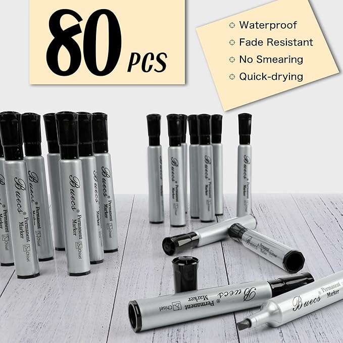 Buecs Permanent Markers, 80 Count Black Permanent Markers, Chisel tip, Waterproof &Fade Resistant, Quick Drying, Office Supplies for School, Office, Home