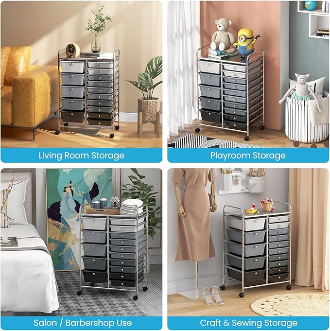 GLACER 15 Drawers Rolling Cart, Storage Cart with w/Removable Drawers & Steel Frame, Multipurpose Organizer Cart w/Sleek Handle, Utility Cart on Lockable Wheels for Home, School, Office (Grey)
