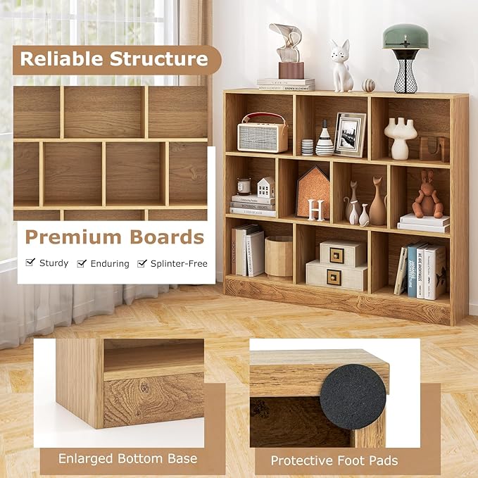 Tangkula 10-Cube Bookshelf, 47.5”L Floor Bookcase with 2 Anti-Tipping Kits, Freestanding Storage Organizer, 4-Tier Display Shelf for Home, Office & Dorms, Natural/White (Natural, 10-Cube)
