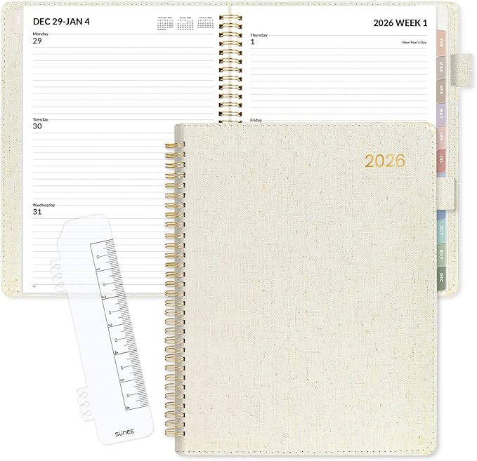 SUNEE 2026 Planner, Weekly and Monthly Calendar Planner 9"x11.2"- 12 Month (January 2026 - December 2026), Linen Cover, Pocket, Bookmark, Notes, Monthly Tab, Beige