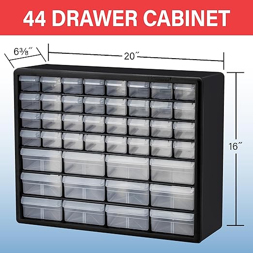 Akro-Mils 44-Drawer Plastic Drawer Storage Cabinet for Garage Organization, Bead Organizer, Building Bricks Storage, Teacher Toolbox, Makeup Organizer, 20" W x 6" D x 16" H, 10144 White