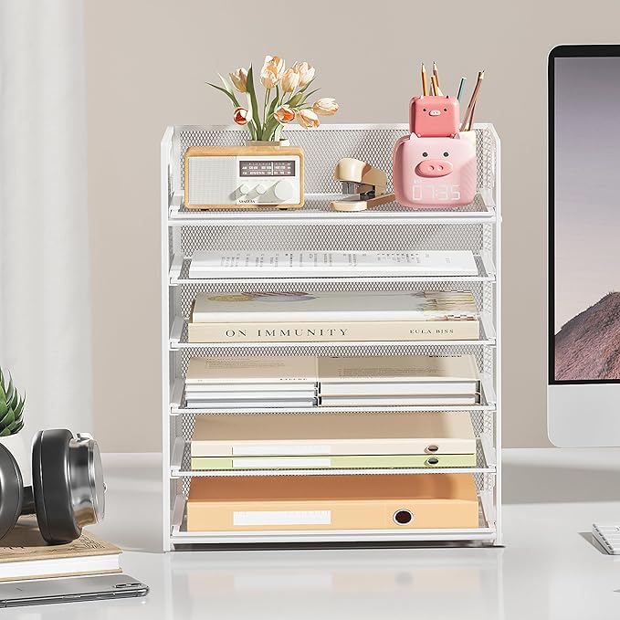 Subekyu 6-Tier Desk Paper Organizer, Desktop File Letter Tray with Handle, Document Sorter and Accessories Holder for Office, Home and School Workspace Organizers, White - 2 Pack