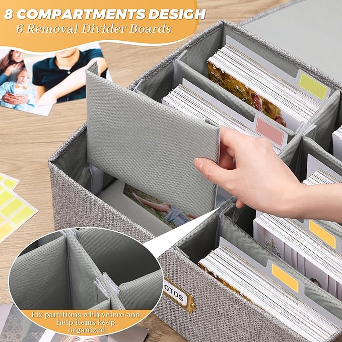 Erogeen Decorative Photo Storage Box with lid 4x6, 8 Inner Photo Organizer with Dividers, Memory Storage Box for Pictures, Stamps, Keepsakes (Gray)