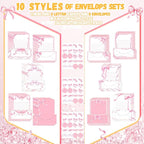 TaoBary 160 Pcs Stationery Paper Set 50 Double Sided Stationery Papers with 50 Matching Envelopes and 60 Round Dot Sticker, 10 Design(Pink Bow,8.5 x 11 Inch)