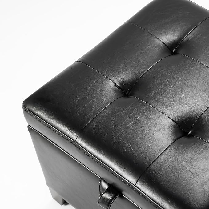 Asense 17 Inch Storage Ottoman Foot Rest,Square Faux Leather Foot Stool,Small Ottoman with Storage,Padded Seat for Entryway,Living Room,Bedroom,Couch,Under Desk,Black