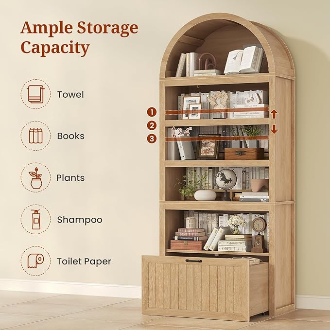 81" Tall Arched Cabinets,Bookcase with Drawer storage,Mid-Century Modern 5-Tier Bookshelf,2 Book Risers and Adjustable Shelves offering more storage space for Living Room,Kitchen,Home Office,Oak