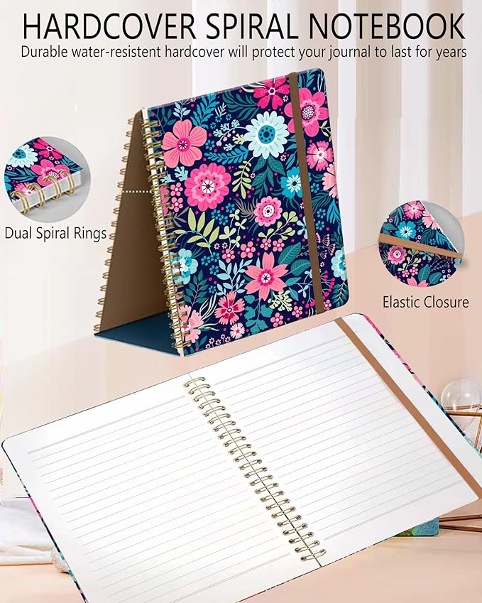 DHGPTS Spiral Journal Notebook, A5 Cute Notebooks for Women Men, College Ruled Hardcover Notebook for Work & Note Taking, 60 Pages Double-Wire Journals for Writing, Cute Purple Flowers