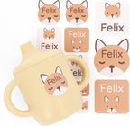 Large Name Labels for Kids (33) - Custom Stickers for Daycare and School Supplies - Durable, Waterproof Stickers for Water Bottles, Lunch Boxes, and More with Unique Designs - Fox