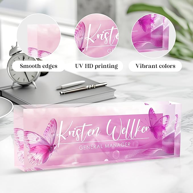Custom Office Name Plate for Desk, Desk Name Plate Personalized, Personalized Gifts for Women, Appreciation Gifts for Employee Coworkers Boss Teacher, Office Accessories (Purple Butterfly)
