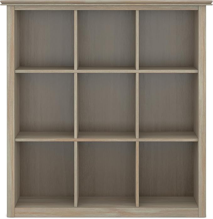 SIMPLIHOME Artisan Bookcase - 43 inch Tall 9-Cube Solid Wood Cube Organizer in Distressed Grey, Transitional Storage Bookcase for Living Room, Study Room or Office with Fixed Shelves and Tapered Legs