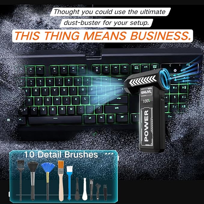 Electric Air Duster, 150000RPM Brushless Motor 4-Gear Adjustable Compressed Air Duster with LED Light,One-tap Booster with 8000mAh Rechargeable Battery, With storage bag for PC, Car, House, Outdoor