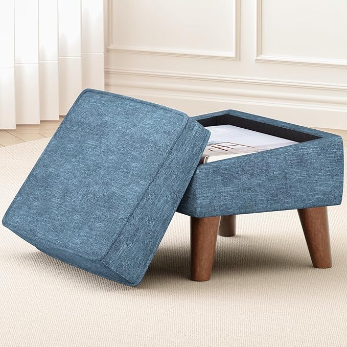 FAGAGA Small Footstool Ottoman with Storage, Ottoman Foot Rest, Modern Foot Stool with Adjustable Lid and Sturdy Wood Legs for Living Room, Bedroom, Couch, Enterway, Blue