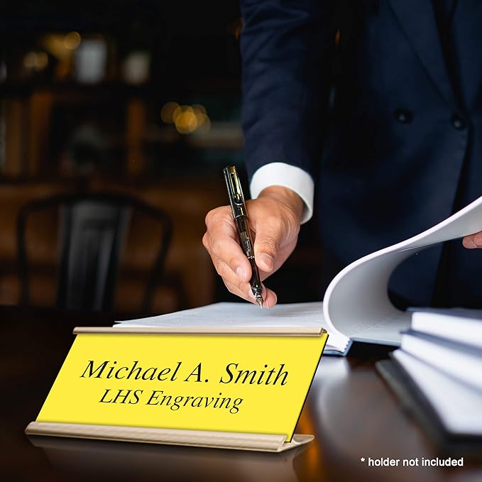 Door Name Plate Personalized for Office Yellow Plastic Name Plate Black Letters - Made in USA 2x10 B4