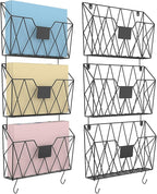 YBING Wall File Organizer Mesh Hanging Wall-mount Files Holder 6 Pack Hanging Wire Magazine Rack and Mail Holder with Hooks Office Wall Organizer for Papers Folders Files Clipboard Black