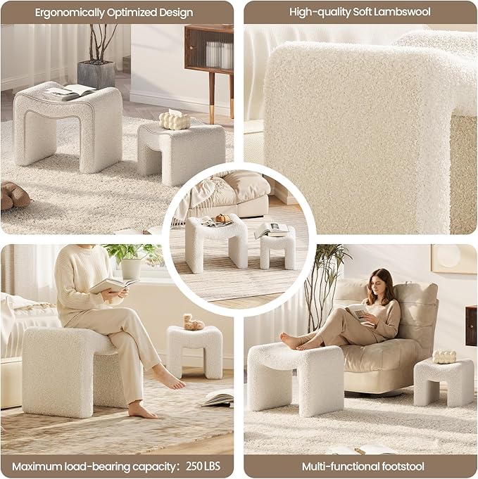 ZYKZYK Ottoman Set of 2, Plush Velvet Vanity Seats with Modern Foot Rest, Backless Stool Pair for Bedroom, Living Room & Makeup Dressing Table(2-in-1) White