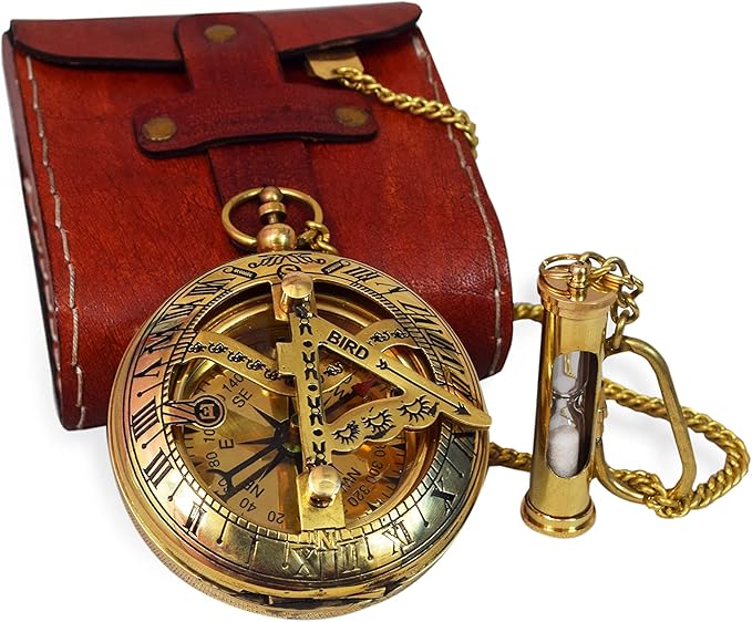 Handcrafted Vintage Brass Sundial Compass – Antique Nautical Sun Clock with Leather Case – Engraved Collectible Brass Compass Gift for Men - Nautical Gifts for Men, Best Anniversary Vintage Gifts