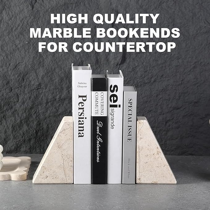 Karibiber Marble Bookends for Heavy Books, Decorative Book Ends for Shelves, Beige Stone Durable and Heavy-Duty Book Ends for Hardback Books & CDS, Unique Book Stopper & Holder, Set of 2