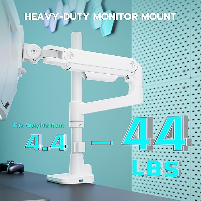 ARES WING Heavy Duty Monitor Arm with USB A/C, Tall Ultrawide Monitor Arm for 17 to 49 inch Screen, Holds 44 lbs, Adjustable Gas Spring Desk Mount, White
