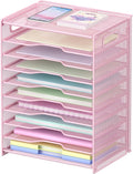 OUTWOLF 10 Tier Paper Organizer - Letter Tray Mesh Desk File Organizer with Handles for Office School Desktop,Pink